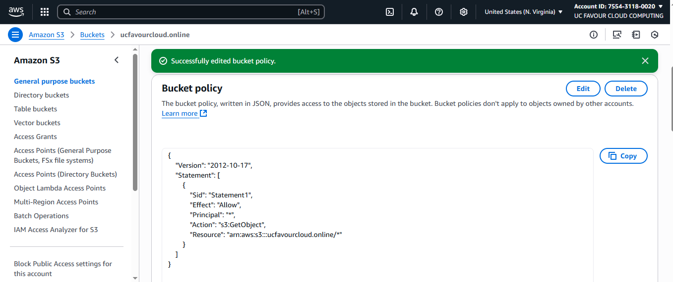 S3 bucket policy successfully updated